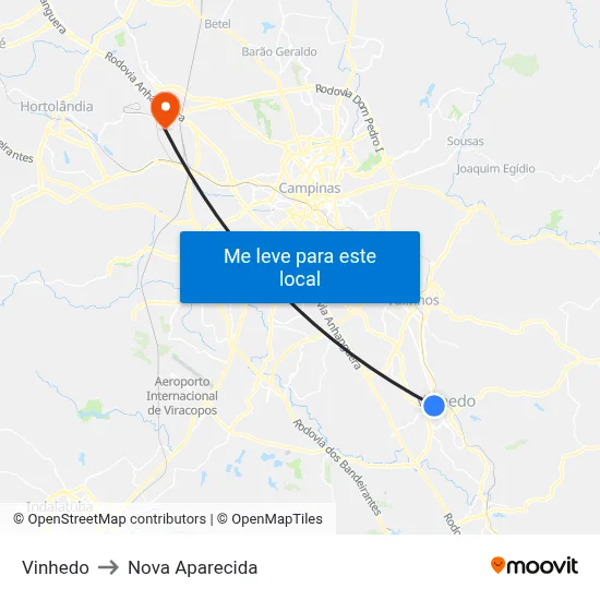 Vinhedo to Nova Aparecida map