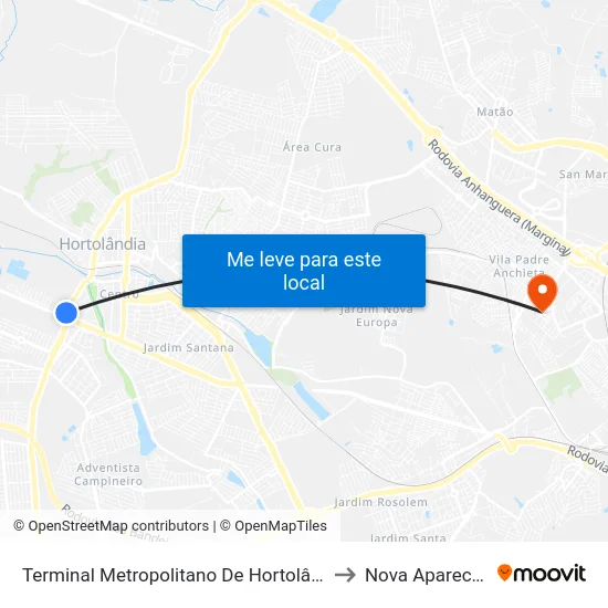 Terminal Metropolitano De Hortolândia to Nova Aparecida map