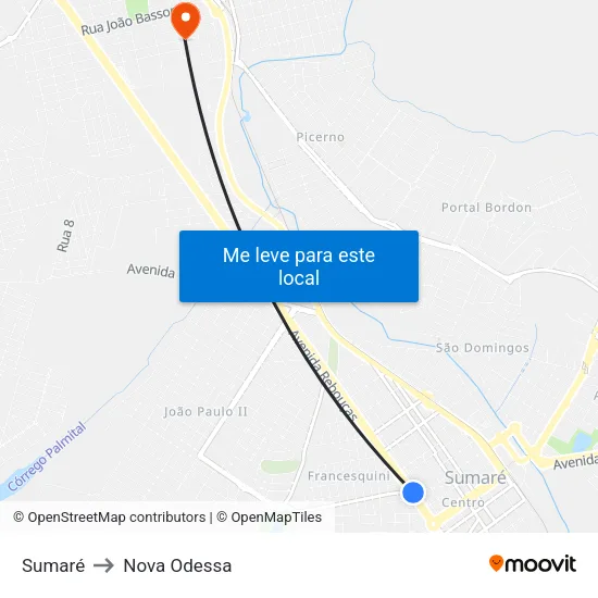 Sumaré to Nova Odessa map