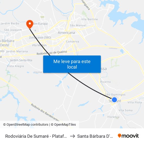 Rodoviária De Sumaré - Plataforma 4 to Santa Bárbara D'Oeste map