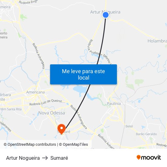 Artur Nogueira to Sumaré map