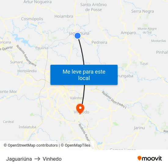 Jaguariúna to Vinhedo map