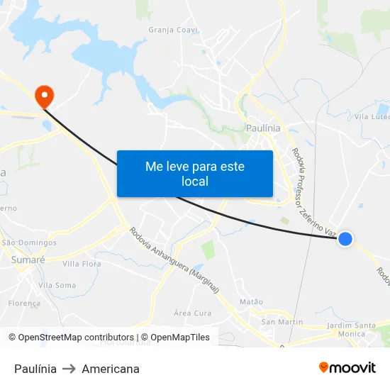 Paulínia to Americana map