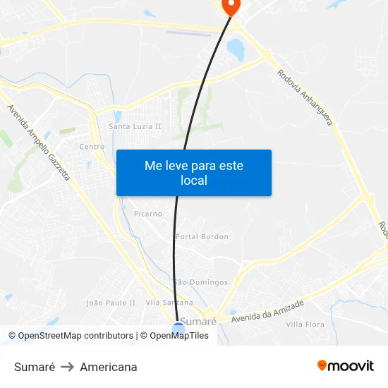 Sumaré to Americana map