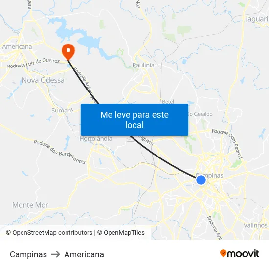 Campinas to Americana map