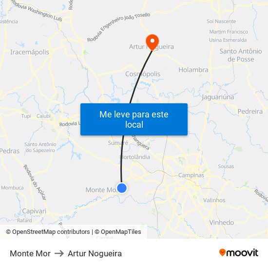 Monte Mor to Artur Nogueira map