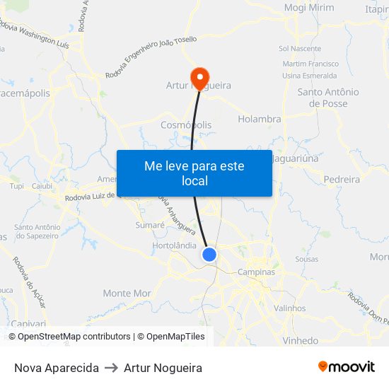 Nova Aparecida to Artur Nogueira map