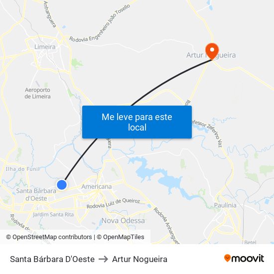 Santa Bárbara D'Oeste to Artur Nogueira map