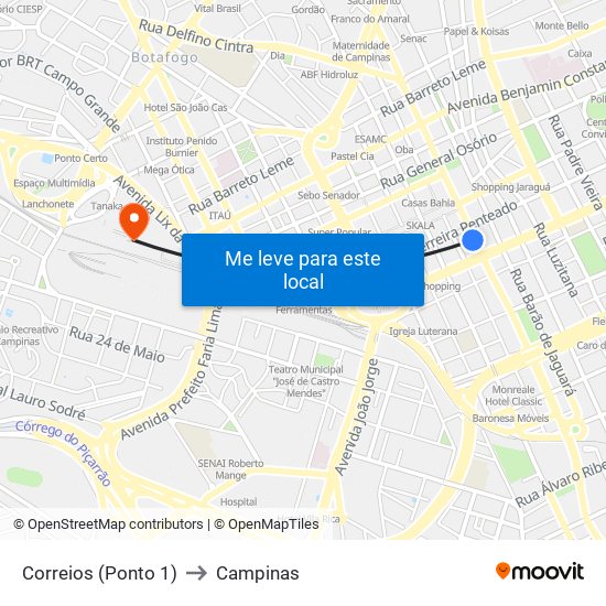 Correios (Ponto 1) to Campinas map