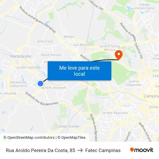 Rua Aroldo Pereira Da Costa, 85 to Fatec Campinas map