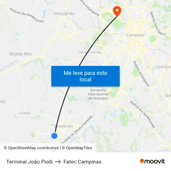 Terminal João Piolli to Fatec Campinas map