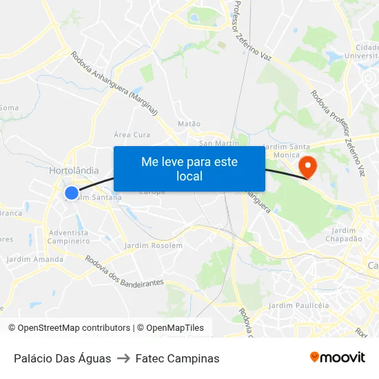 Palácio Das Águas to Fatec Campinas map