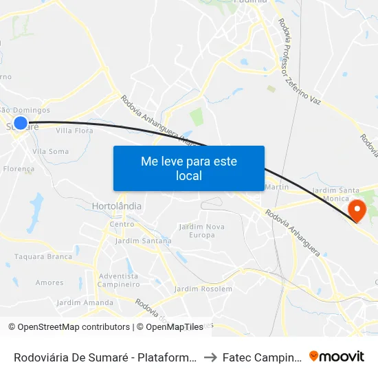 Rodoviária De Sumaré - Plataforma 2 to Fatec Campinas map