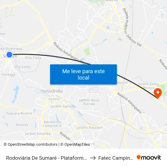 Rodoviária De Sumaré - Plataforma 4 to Fatec Campinas map