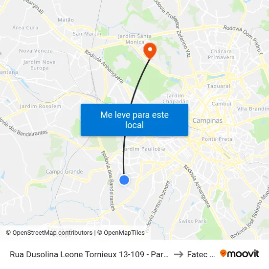 Rua Dusolina Leone Tornieux 13-109 - Parque Residencial Vila Uniao Campinas - SP Brasil to Fatec Campinas map