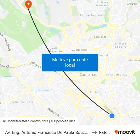 Av. Eng. Antônio Francisco De Paula Souza 1101 - Jardim São Vicente Campinas - SP 13044-502 Brasil to Fatec Campinas map