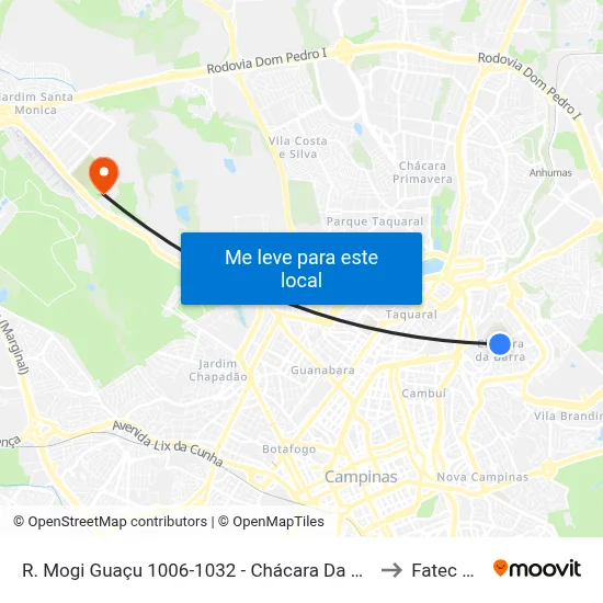 R. Mogi Guaçu 1006-1032 - Chácara Da Barra Campinas - SP 13090-605 Brasil to Fatec Campinas map