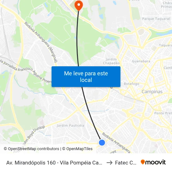 Av. Mirandópolis 160 - Vila Pompéia Campinas - SP 13050-470 Brasil to Fatec Campinas map