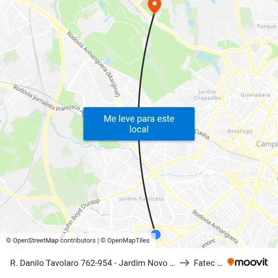R. Danilo Tavolaro 762-954 - Jardim Novo Campos Eliseos Campinas - SP 13060-130 Brasil to Fatec Campinas map