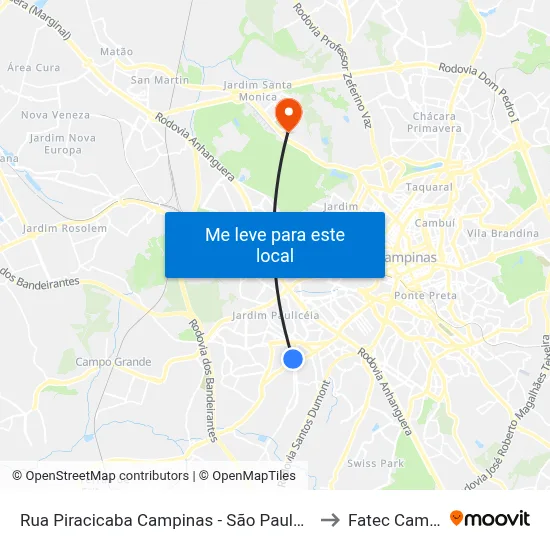 Rua Piracicaba Campinas - São Paulo 13050 Brasil to Fatec Campinas map