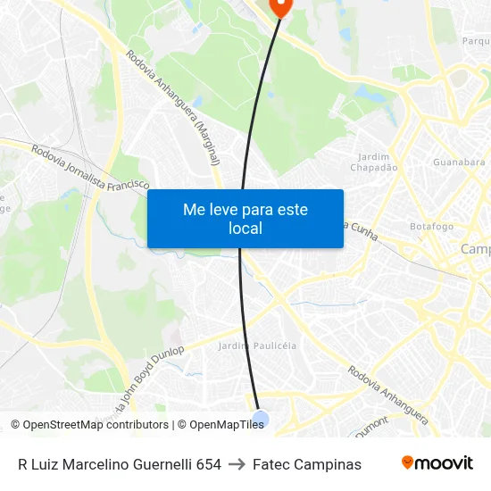 R Luiz Marcelino Guernelli 654 to Fatec Campinas map