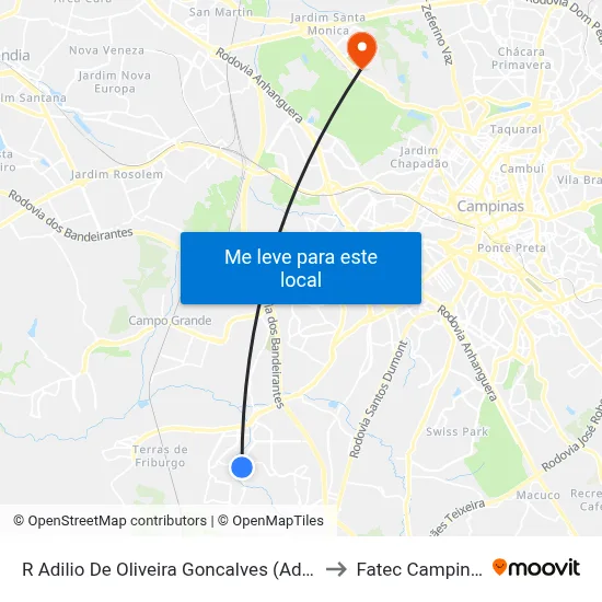 R Adilio De Oliveira Goncalves (Adilio) to Fatec Campinas map