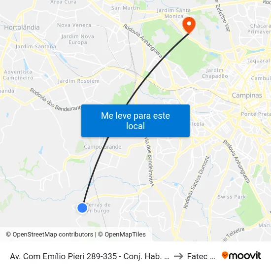 Av. Com Emílio Pieri 289-335 - Conj. Hab. Vida Nova Campinas - SP 13057-535 Brasil to Fatec Campinas map