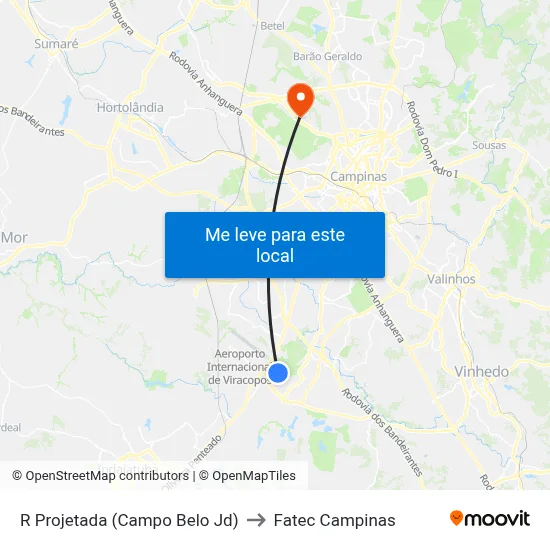 R Projetada (Campo Belo Jd) to Fatec Campinas map