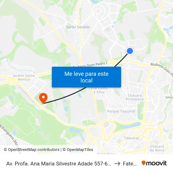 Av. Profa. Ana Maria Silvestre Adade 557-653 - Parque Das Universidades Campinas - SP 13086-130 Brasil to Fatec Campinas map
