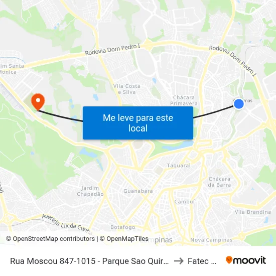Rua Moscou 847-1015 - Parque Sao Quirino Campinas - SP 13088-117 Brasil to Fatec Campinas map