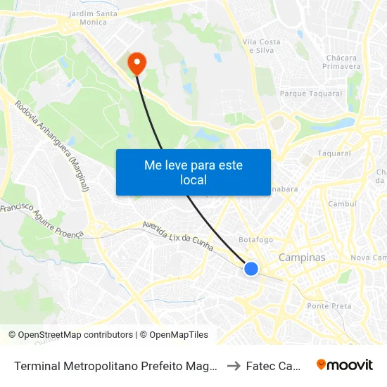 Terminal Metropolitano Prefeito Magalhães Teixeira to Fatec Campinas map