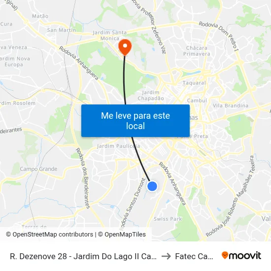 R. Dezenove 28 - Jardim Do Lago II Campinas - SP Brasil to Fatec Campinas map