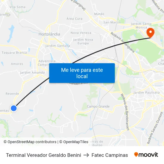 Terminal Vereador Geraldo Benini to Fatec Campinas map