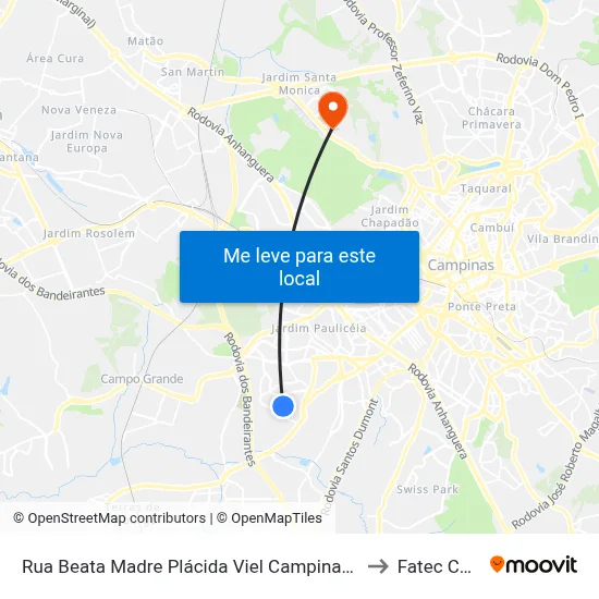 Rua Beata Madre Plácida Viel Campinas - São Paulo 13060 Brasil to Fatec Campinas map