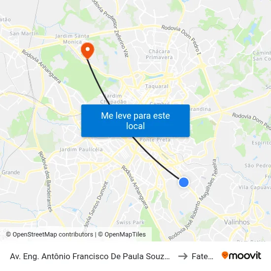 Av. Eng. Antônio Francisco De Paula Souza 2940 - Jardim São Vicente Campinas - SP 13044-502 Brasil to Fatec Campinas map