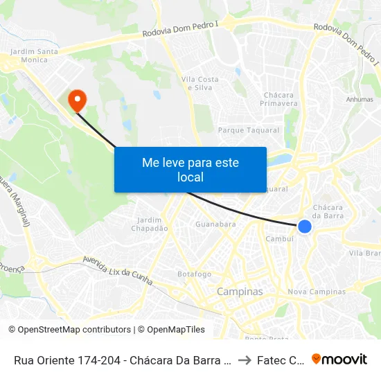 Rua Oriente 174-204 - Chácara Da Barra Campinas - SP 13090-740 Brasil to Fatec Campinas map