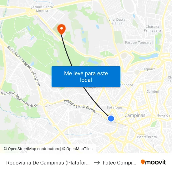 Rodoviária De Campinas (Plataformas) to Fatec Campinas map