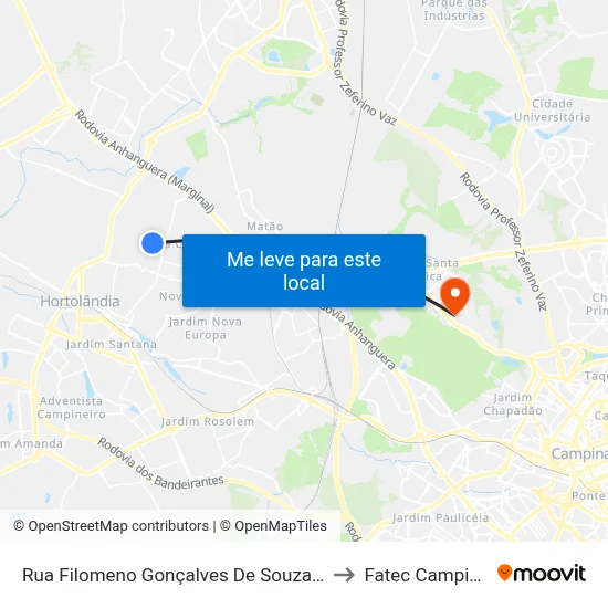 Rua Filomeno Gonçalves De Souza, 498 to Fatec Campinas map