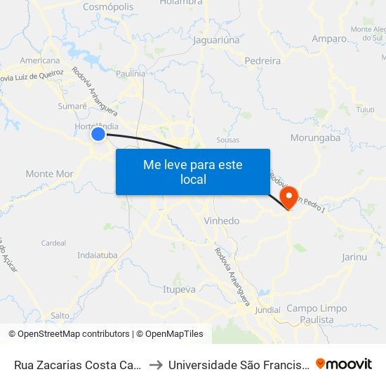 Rua Zacarias Costa Camargo, 11 to Universidade São Francisco - Itatiba map