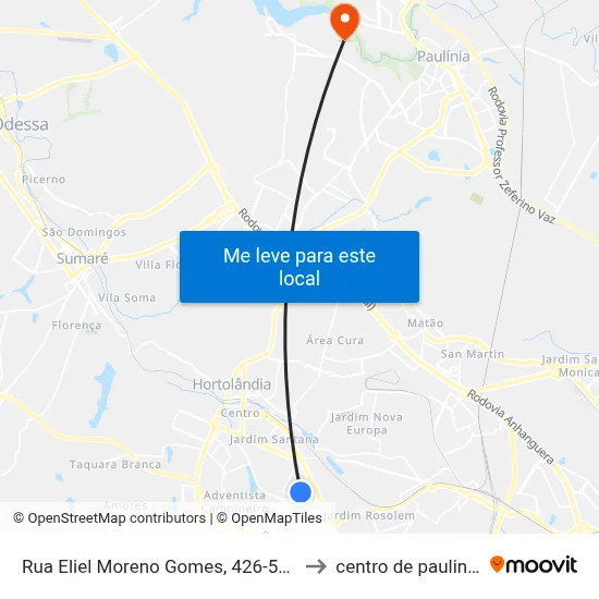 Rua Eliel Moreno Gomes, 426-552 to centro de paulinia map