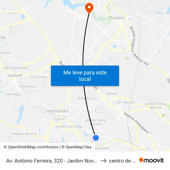 Av. Antônio Ferreira, 320 - Jardim Novo Angulo, Hortolândia to centro de paulinia map