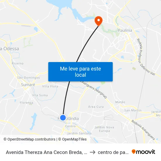 Avenida Thereza Ana Cecon Breda, 3047-3359 to centro de paulinia map
