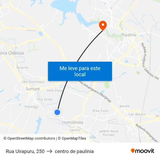 Rua Uirapuru, 250 to centro de paulinia map