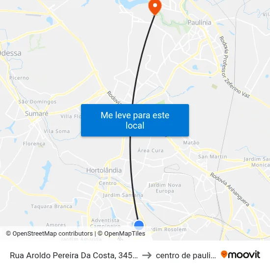 Rua Aroldo Pereira Da Costa, 345-421 to centro de paulinia map