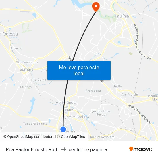 Rua Pastor Ernesto Roth to centro de paulinia map