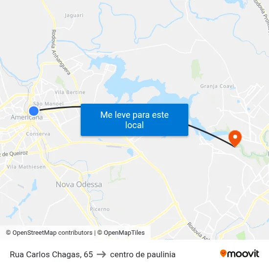 Rua Carlos Chagas, 65 to centro de paulinia map