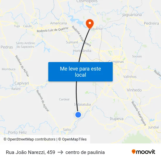 Rua João Narezzi, 459 to centro de paulinia map