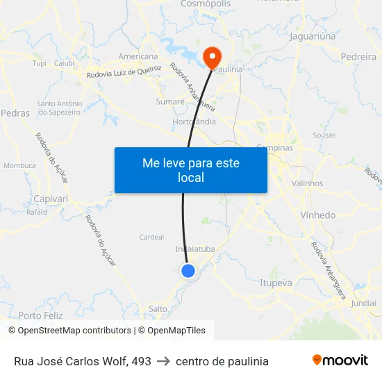 Rua José Carlos Wolf, 493 to centro de paulinia map
