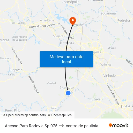 Acesso Para Rodovia Sp-075 to centro de paulinia map
