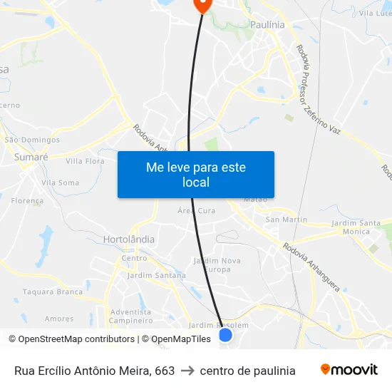 Rua Ercílio Antônio Meira, 663 to centro de paulinia map